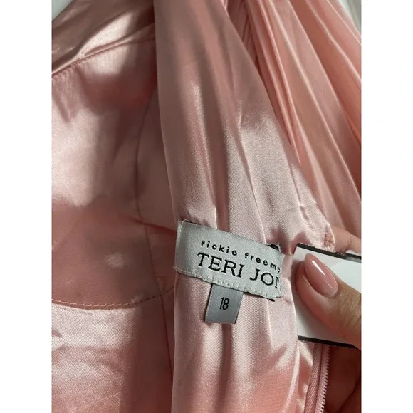 NWT Teri Jon Chiffon Puff Sleeve Pleated VNeck GownPink‎ Size 18 Dress $670